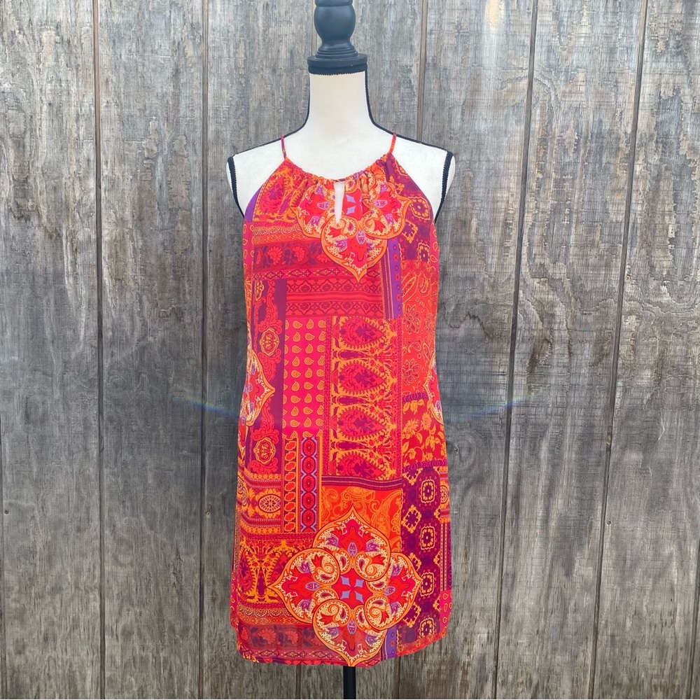 Sweet Storm Y2K Red Print High Neck Sleeveless Mini Shift Dress Size M